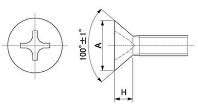 ステンレス(+)UNC(FLAT皿頭)ユニファイ並目小ねじ(皿角度100°)の寸法図