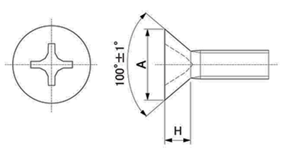ステンレス(+)UNF(FLAT皿頭)ユニファイ細目小ねじ(皿角度100°)の寸法図
