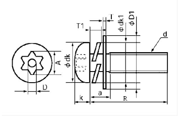 鉄 TRXタンパープルーフ ナベ頭 小ねじ P＝3 (バネ座+JIS平座組込)(ピン付き)の寸法図