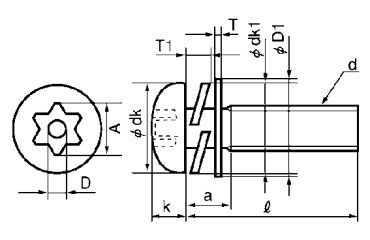 鉄 TRXタンパープルーフ ナベ頭 小ねじ P＝4 (バネ座+JIS小平座組)(ピン付き)の寸法図