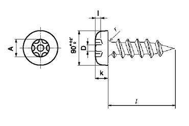 鉄 TRXタンパープルーフ ナベ頭 タッピンねじ(1種A形)(ピン付き)の寸法図