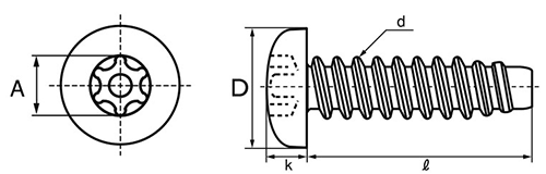 ステンレス TRXタンパー ナベ頭 タッピンねじ(2種溝なし B-0形)(トルクスピン付き)の寸法図