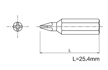 TRF 十字ピン用ビット(全長25.4mm)の寸法図