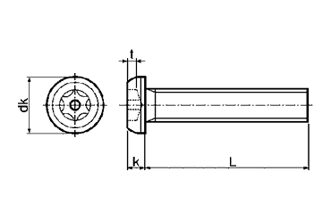 TRF ステンレス ピン・ボタンTRX小ねじ (ピン付き/ 6-ロブ)の寸法図