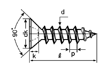 鉄 LR(ライン穴) 皿頭 タッピンねじ(1種 A形)の寸法図