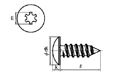 鉄 LR(ライン穴) トラス頭 タッピンねじ(1種 A形)の寸法図