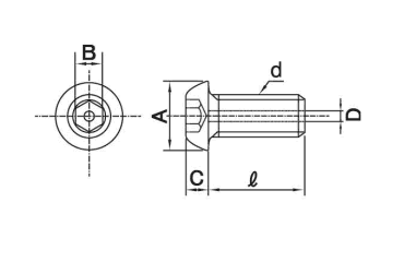 ステンレス エアー抜き 六角穴付きボタンボルト(真空用ボルト 貫通穴付)の寸法図