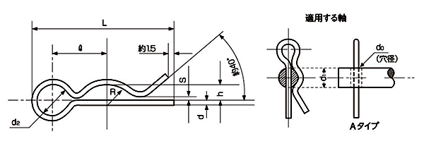 鉄 スナップピン(Rピン)(平和発條製)の寸法図