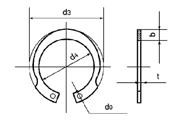 鉄 丸R形止め輪(IRTW)(オチアイ製)の寸法図