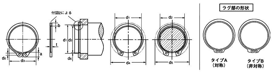 鉄 ベベル形 止め輪 軸用(オチアイ製)の寸法図