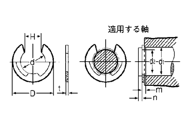 鉄 E形止め輪(Eリング)スタック(連結型)(オチアイ製)の寸法図