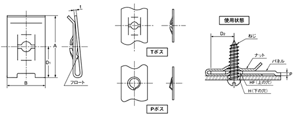 鉄 ネジ式スピードナット U形(オチアイ製)の寸法図