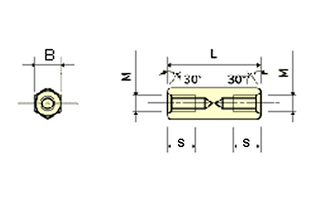 黄銅(鉛レス)六角スペーサー 両メスねじ ASE-N(ネジ径x長さ)の寸法図