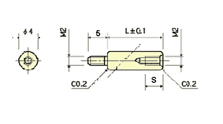ステンレス 丸型スペーサー オス・メスねじ BRU(ネジ径x長さ)の寸法図