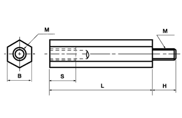 鉄(ROHS2対応) 六角支柱スペーサー(オス+メスねじ)の寸法図