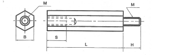 黄銅(カドミレス) 六角支柱スペーサー(オス+メスねじ)の寸法図