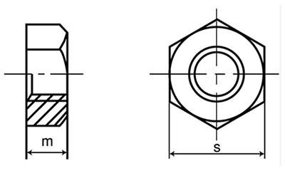 鉄 六角ナット 1種 左ねじ (インチ・ウイット)の寸法図