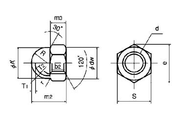 鉄 袋ナット(3形)(インチ・ウイット)の寸法図