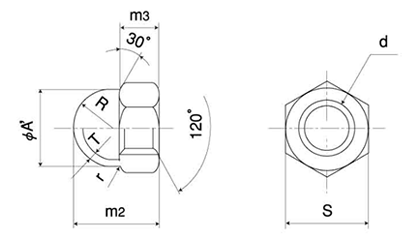 鉄 袋ナット(3形 その他細目)の寸法図