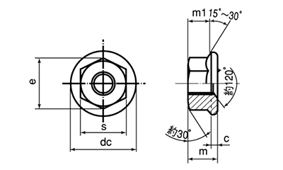 鉄 フランジナット セレート付き (ツバ径大)の寸法図