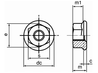 鉄 フランジナット セレート付き (ツバ径小)の寸法図