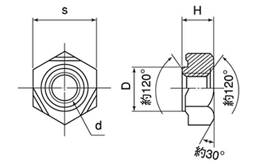 鉄 六角ウエルドナット(溶接) 1A形(パイロット付)の寸法図