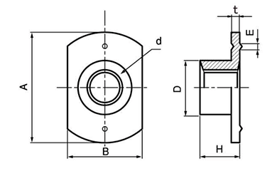 鉄 T型ウエルドナット(溶接)(1B)パイロット無 ダボ付の寸法図