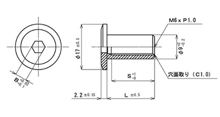 鉄 飾りナット(六角穴 4mm) JCN (頭径D＝17)の寸法図