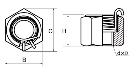鉄 ハイパーロードナット(ゆるみ止めナット)の寸法図