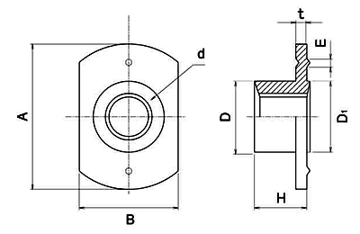 鉄 T型ウエルドナット(溶接)(1A)パイロット付 ダボ付 (大箱ばら入り)の寸法図