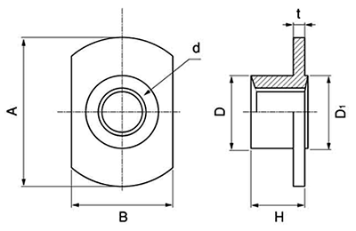 鉄 T型ウエルドナット(溶接)(2A)パイロット付 ダボ無 (大箱ばら入り)の寸法図
