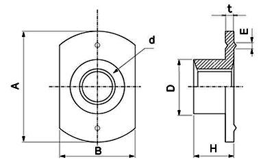 鉄 T型ウエルドナット(溶接)(1B)パイロット無 ダボ付 (大箱ばら入り)の寸法図
