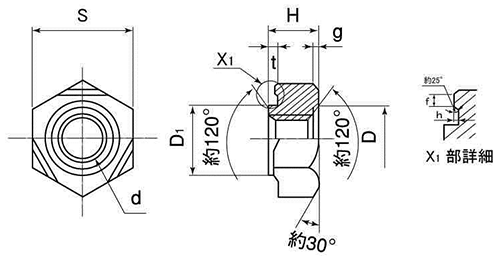 鉄 六角ウエルドナット(溶接) 1A形(パイロット付) (棚原製)の寸法図