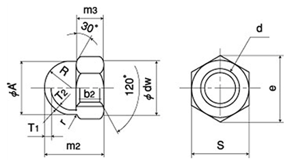 ステンレス 袋ナット(3形)(インチ・ウイット)の寸法図
