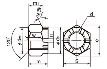 ステンレス 溝付ナット(キャッスルナット) 低形 2種の寸法図
