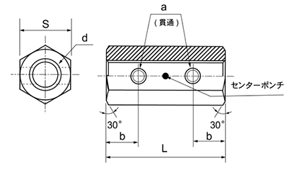 ステンレス 横穴つき高ナット(窓あき)(インチ・ウイットネジ)の寸法図