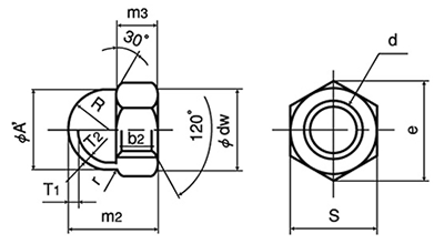 ステンレス 袋ナット(インチ・ウイットネジ)(輸入品)の寸法図
