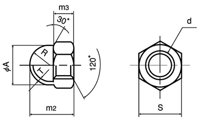 鋼 S45C(H)(焼入れ)袋ナットの寸法図