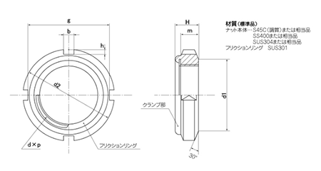 鋼 S45C(H)(焼入れ) ファインUナット(ベアリング用)の寸法図