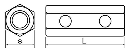 鉄 トルコンアンカー用同径高ナット(ねじ継手・長さ調整用)2ツ穴付の寸法図