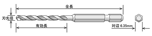 ユニカ 充電振動ドリルビットBJタイプ (6.35mm六角軸シャンク)の寸法図