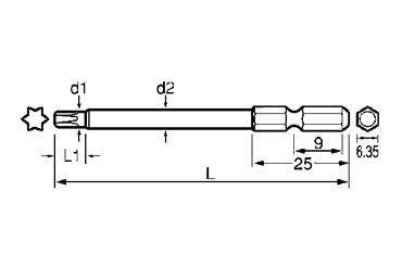 TORXビット(J)(六角軸6.35mm)の寸法図