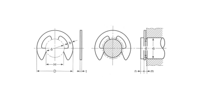 鉄 E型止め輪 (Eリング)スタック(連結型)(平和製)の寸法図