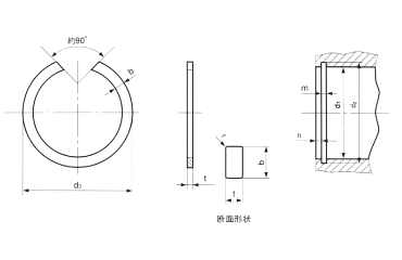 鉄 JIS B2804穴用 同心止め輪(穴無し)の寸法図