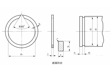 鉄 JIS B2804軸用 同心止め輪(穴付き)の寸法図