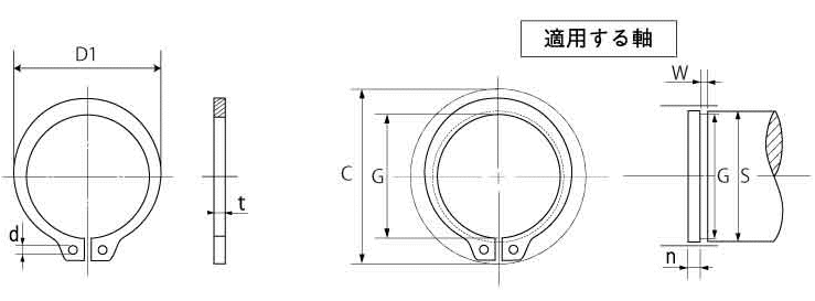 ステンレス C形止め輪(スナップリング)(軸用)JIS規格(磐田電工規格製)の寸法図