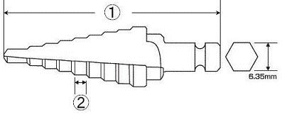 スパイラルステージドリル (六角軸)(傘型多段ドリル)(TINコーティング) ロブテックスの寸法図