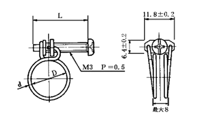 鉄 ワイヤーホースバンドWS形 (M3 (+-)ねじ)の寸法図